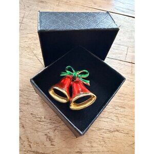 Vintage Gold-Tone Red & Green Enamel Christmas Bell Brooch Pin